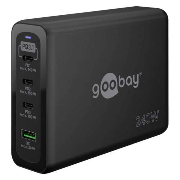 USB Thuislader Voedingsadapter 240W - USB-A en 3x USB-C - PD - GaN - Zwart