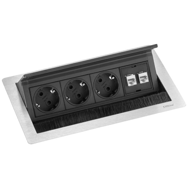 EVOline Flip Top Push M - 3x Schuko - 2x RJ45 (v) - 3 meter - Zwart/Zilver