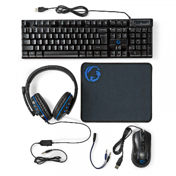 4-in-1 Gaming Kit - Toetsenbord, Headset, Muis & Muispad - Nylon sleeve - Zwart/Blauw