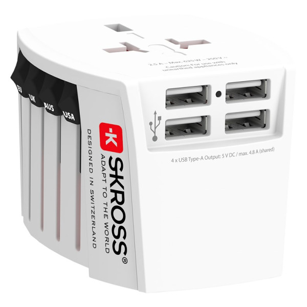 Skross Wereld Reisadapter - Met 4x USB-A Oplaadpoort - Ongeaard - Wit