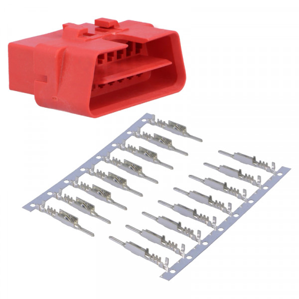 OBD2 Connector - 16-pins - Inclusief 16 Mannelijke Pinnen - Rood