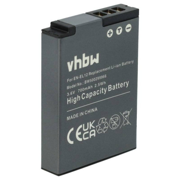 Accu voor Nikon EN-EL12 - 3,6V - 700mAh - Zwart