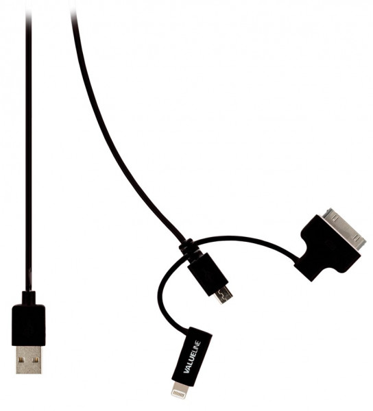 USB 2.0 - Micro USB + Lightning + 30-pins Dock Kabel 1m Zwart