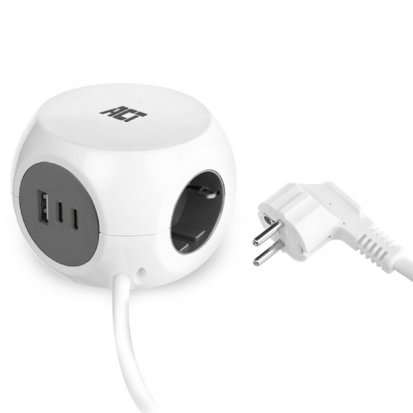 Vierkante Bureau Stekkerdoos - 3x Schuko, 1x USB-A en 2x USB-C PD - 1,5 meter - Wit