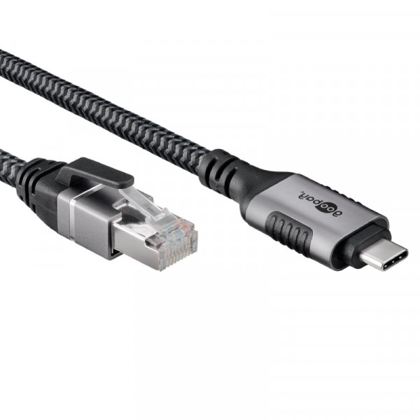 USB-C (m) naar RJ45 (m) Gigabit Ethernet Kabel - Nylon Sleeve - 1 meter - Zwart/Grijs