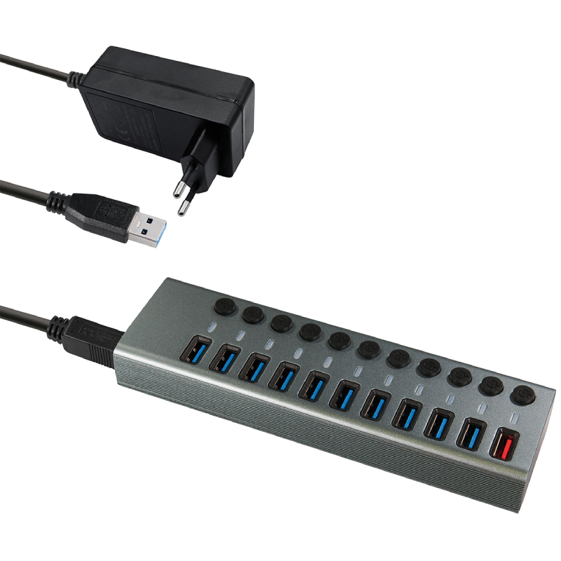 USB-A Hub - 10x USB-A - 1x USB oplaadpoort - 12V - 2,4A - USB 3.2 Gen 1 - 1 meter - Grijs