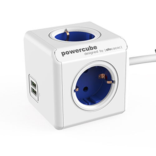 Allocacoc PowerCube extended - 4x Schuko en 2x USB - 1,5 meter kabel - Wit/Blauw