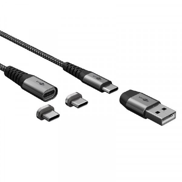 USB-A naar USB-C kabel - USB 2.0 - Magnetische connectors - Nylon sleeve - 1 meter - Zwart