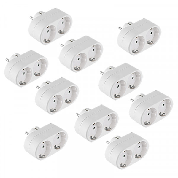 10-PACK Horizontale Stopcontact Splitter - 2-voudig - Horizontale Stopcontacten - Geaard - Wit