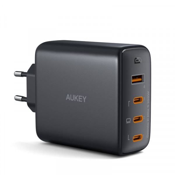 Aukey USB Thuislader Voedingsadapter 100W - USB-A en 3x USB-C - PD - GaN - Zwart