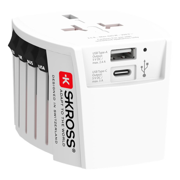 Skross Wereld Reisadapter - Met USB-A en USB-C Oplaadpoort - Ongeaard - Wit