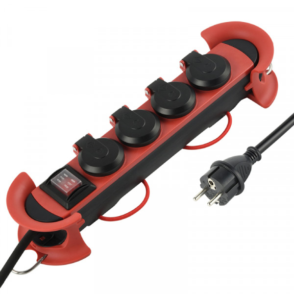4-voudige Stekkerdoos - Spatwaterdicht - IP44 - 3600W - 5 meter - Zwart/Rood