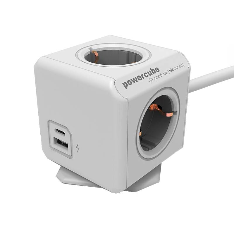 Allocacoc PowerCube extended - 4x Schuko, 1x USB-A en 1x USB-C - 1,5 meter kabel - Wit/Grijs