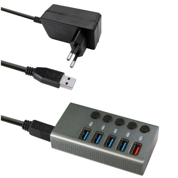 USB-A Hub - 4x USB-A - 1x USB oplaadpoort - 12V - 2,4A - USB 3.2 Gen 1 - 1 meter - Grijs