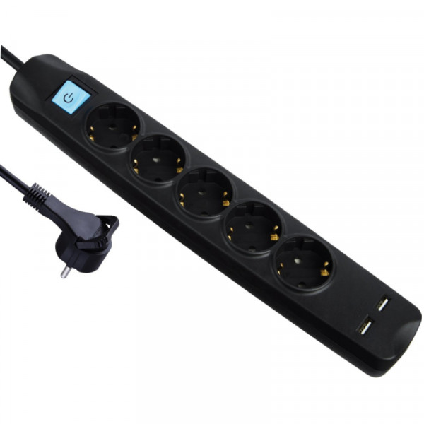 5-voudige Stekkerdoos - Tie-wrapbevestiging - 2x USB-A Oplaadpoort - 3500W - 1,5 meter - Zwart