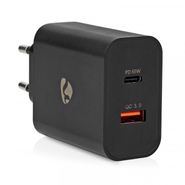 USB Thuislader Voedingsadapter 65W - USB-A en USB-C - PD en QC 3.0 - Zwart