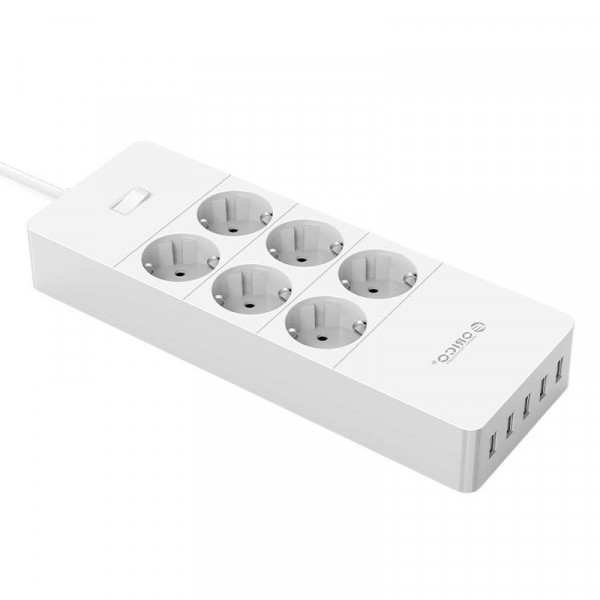 Orico 6-voudige Stekkerdoos - 5x USB Oplaadpoort - 250V - 16A - 1,5 meter - Wit