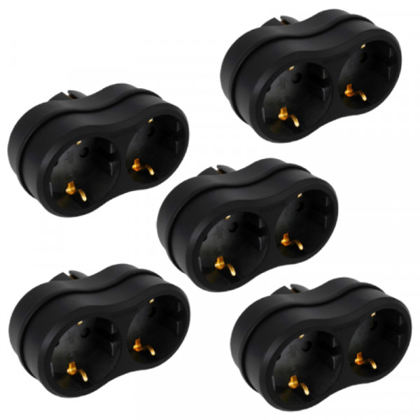 5-PACK Horizontale Stopcontact Splitter - Wave - Horizontale Stopcontacten - Randaarde - Zwart
