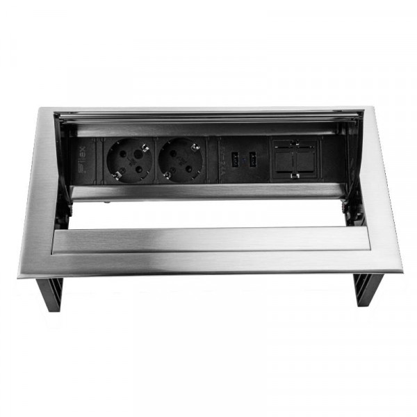 Power Desk In - 2x Schuko - 2x USB-A oplaadpoort - 1x Leeg - 1 meter eGST (m) - RVS look