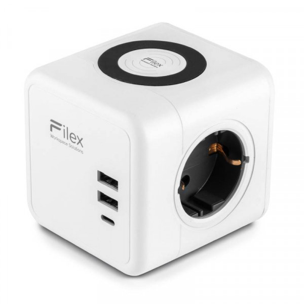 Power Cube - 3x Schuko - 2x USB-A, 1x USB-C en draadloze oplader - 1,5 meter - Wit