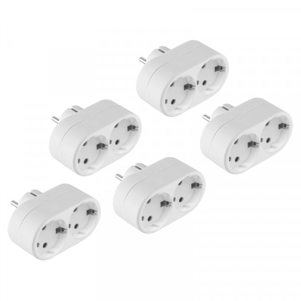 5-PACK Horizontale Stopcontact Splitter - 2-voudig - Verticale Stopcontacten - Randaarde - Wit
