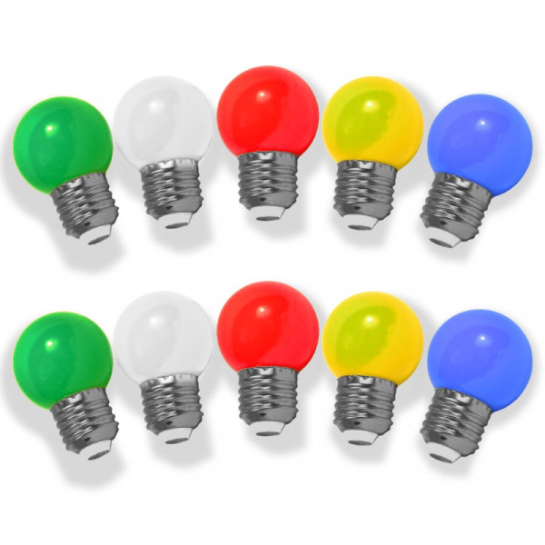 LED E27 Gloeilampen voor Prikkabel - G45 - 10 stuks - Rood, groen, blauw, oranje & wit