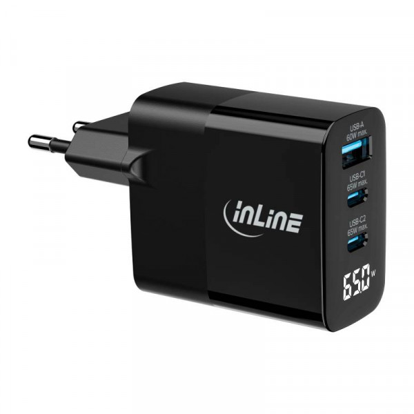 InLine USB Thuislader Voedingsadapter 65W - USB-A en 2x USB-C - PD - GaN - Zwart