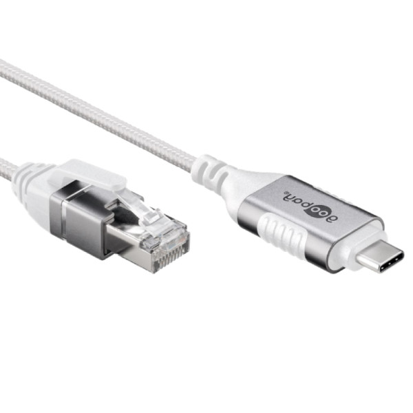 USB-C (m) naar RJ45 (m) Slimline Gigabit Ethernet Kabel - Nylon Sleeve - 3 meter - Wit