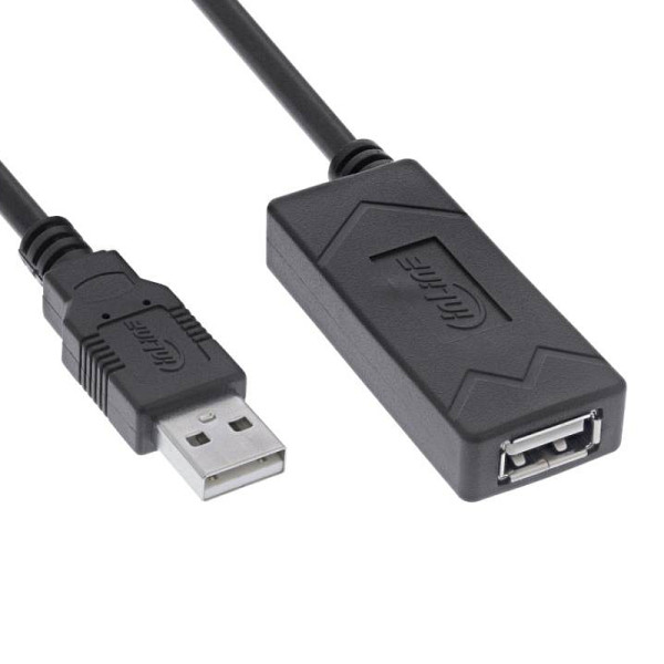 InLine Actieve USB Verlengkabel - USB 2.0 - USB-C (v) voor extra voeding - 25 meter - Zwart