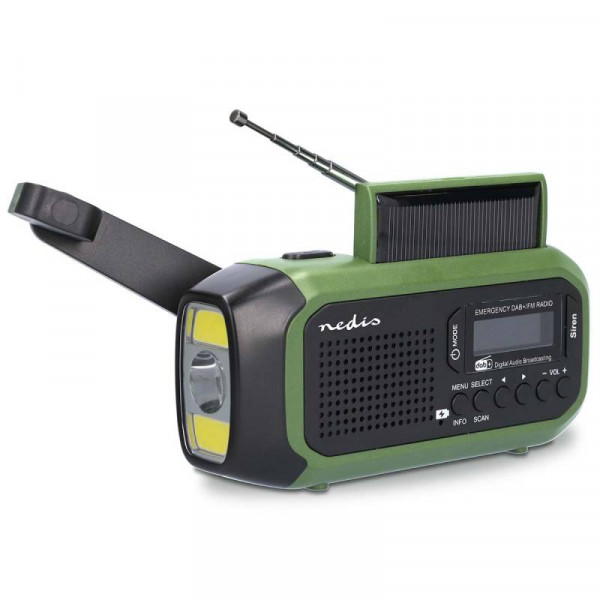 Draagbare Noodradio - DAB+ en FM - Batterij en USB Gevoed - Solar Powered - met Wekker - Zwart/Groen