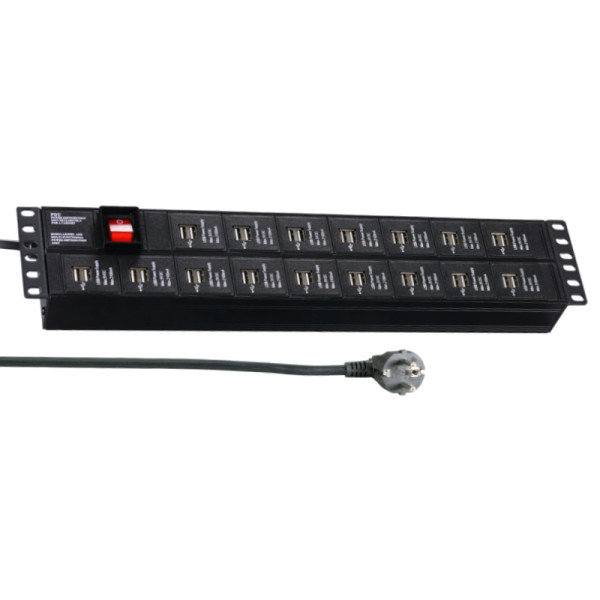 Stekkerdoos 19" - 2U - 32x USB oplaadpoort - 5V - 2,1A - Aan/uit- schakelaar - 3 meter - Zwart