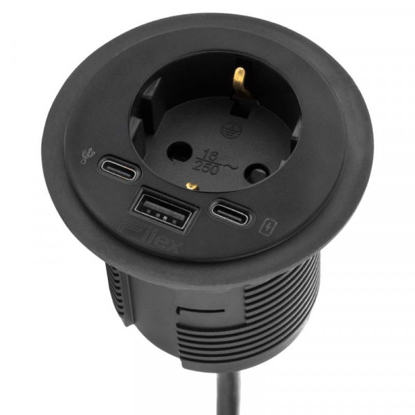 Power Spot - 1x Schuko - 1x USB-A & USB-C oplaadpoort en USB-C data - 60mm - 1,7 meter - Zwart