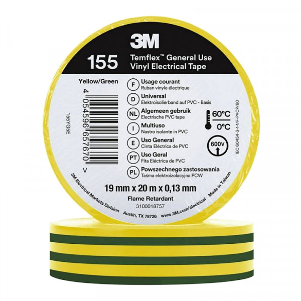3M Isolatie Tape - 19mm breed - 0,127mm dik - 20 meter - Geel/Groen