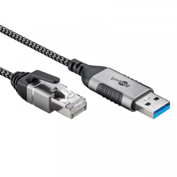 USB-A (m) naar RJ45 (m) Slimline Gigabit Ethernet Kabel - Nylon Sleeve - 10 meter - Zwart/Grijs