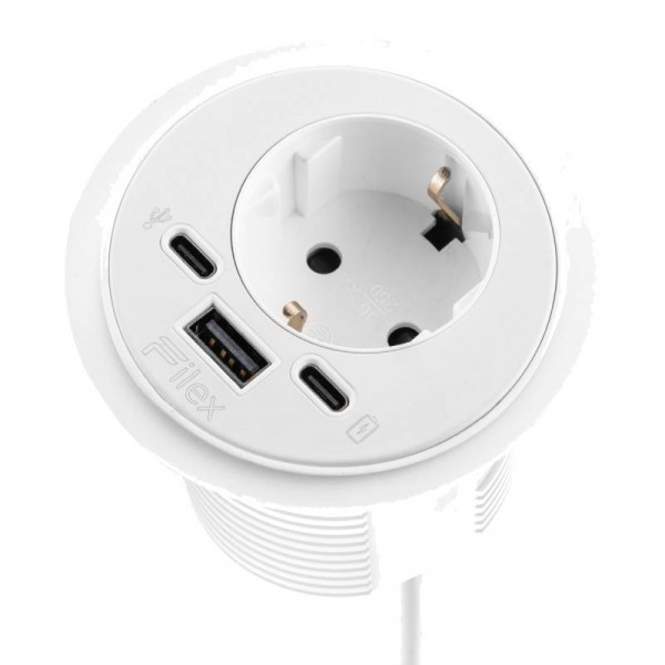 Power Spot - 1x Schuko - 1x USB-A & USB-C oplaadpoort en USB-C data - 60mm - 1,7 meter - Wit