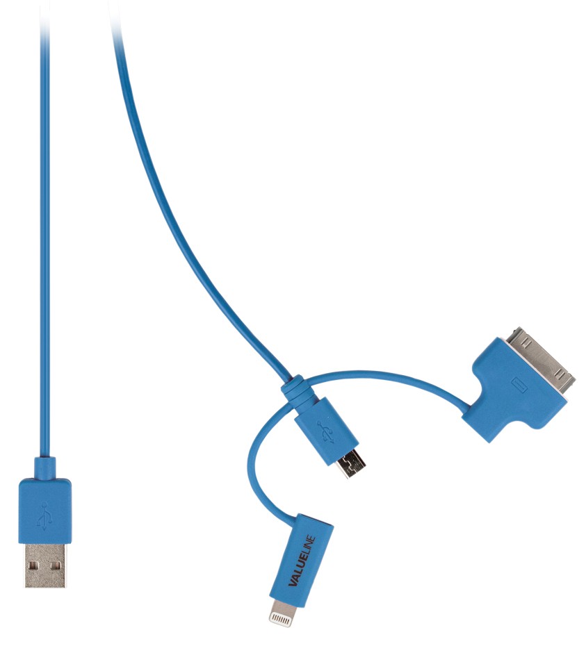 USB 2.0 - Micro USB + Lightning + 30-pins Dock Kabel 1m Blauw 87178229b73d30b74b85b4b8edb442a3