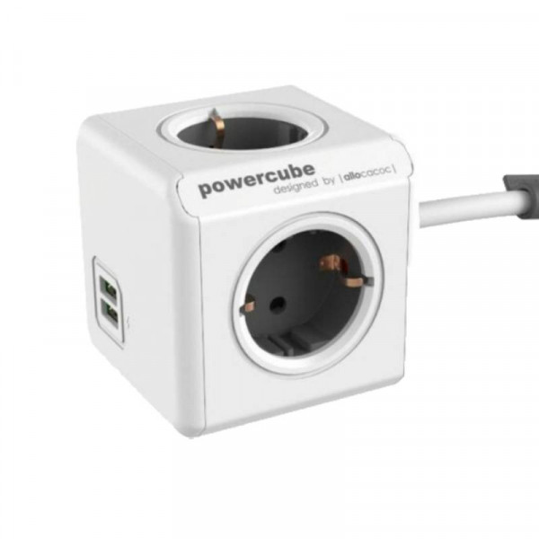 Allocacoc PowerCube extended - 4x Schuko en 2x USB - 1,5 meter kabel - Wit/Grijs