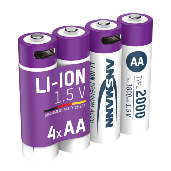AA Batterij - 1800 mAh - Li-Ion - Oplaadbaar via usb-c - Kabel inbegrepen - Paars - 4 stuks