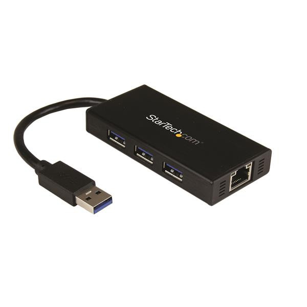 StarTech 3-poorts draagbare USB 3.0-hub plus Gigabit Ethernet - aluminium met geintegreerde kabel