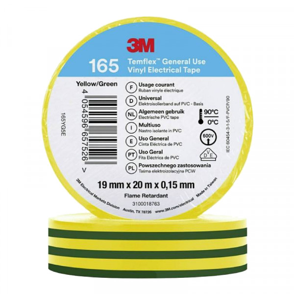 3M Isolatie Tape - 19mm breed - 0,152mm dik - 20 meter - Geel/Groen