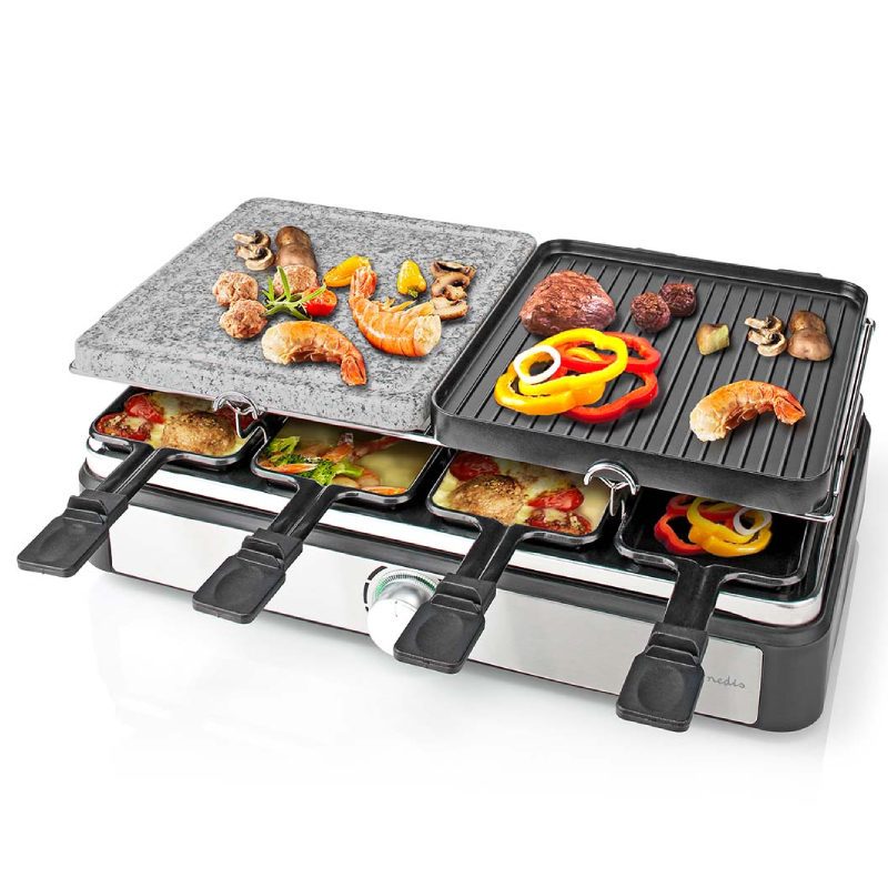 Nedis Gourmet / Raclette | Grill / Steen | 8 Personen | Spatel | Temperatuurinstelling | Anti-aanbak laag | Rechthoek