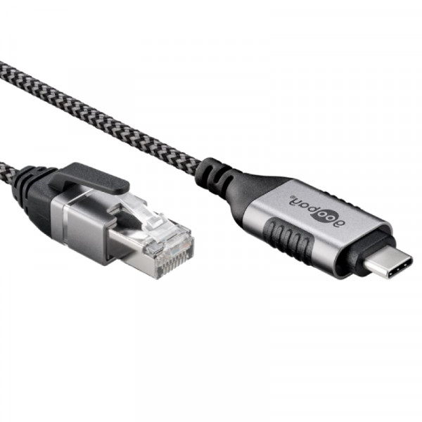 USB-C (m) naar RJ45 (m) Slimline Gigabit Ethernet Kabel - Nylon Sleeve - 7,5 meter - Zwart/Grijs