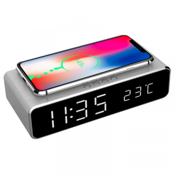 Digitale Wekker - Draadloze oplader - Grijs