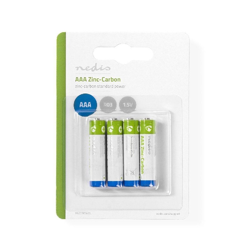 Nedis Zink-Koolstof-Batterij AAA | 1.50 V | Zink-Carbon | R03 | Aantal batterijen: 4 Stuks | Blister | R03 | Verschillende apparaten | Blauw / Groen