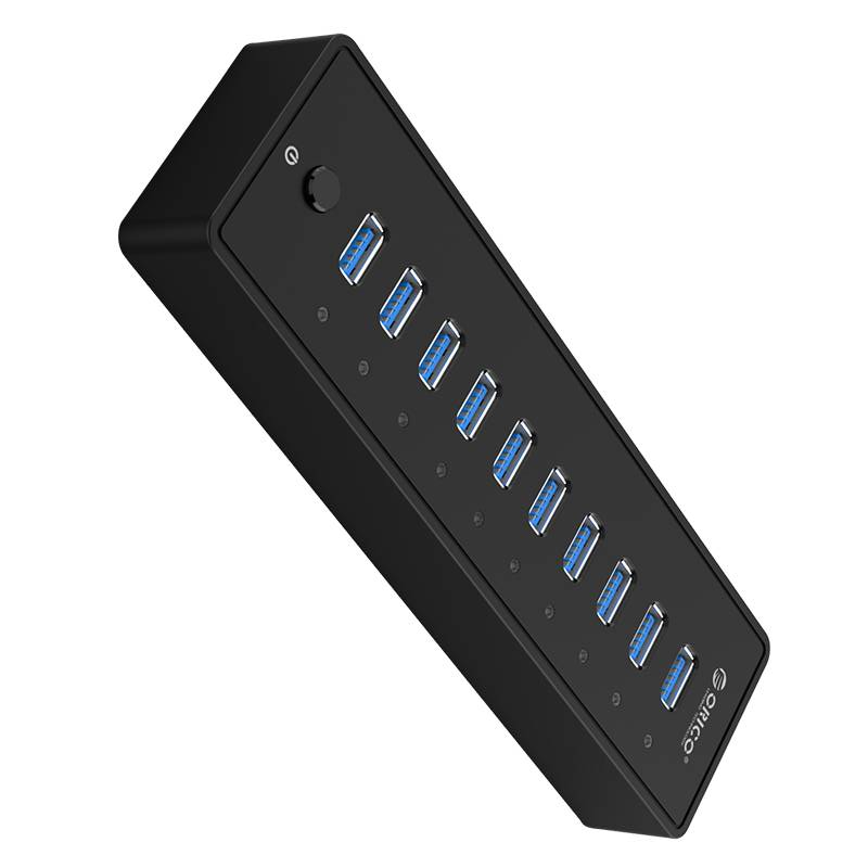 Orico - USB3.0 Hub met 10 Type-A poorten - 5Gbps - Incl. Datakabel & Stroomadapter - aan/uit schakelaar - 3A - Zwart