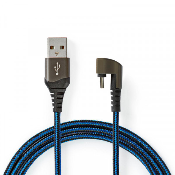 USB-A naar USB-C kabel (180 graden) - USB 2.0 - Nylon sleeve - 1 meter - Zwart/Blauw