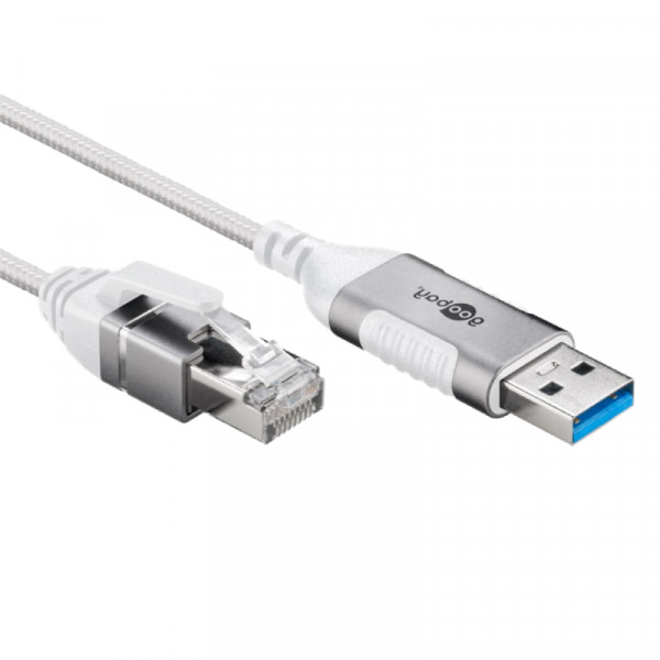 USB-A (m) naar RJ45 (m) Slimline Gigabit Ethernet Kabel - Nylon Sleeve - 2 meter - Wit