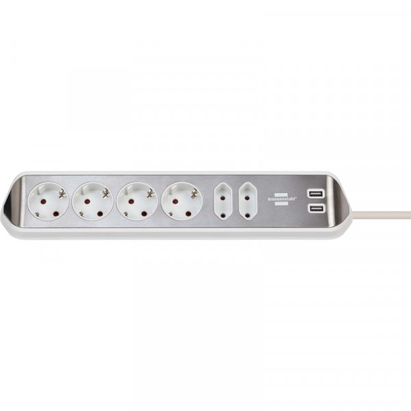 6-voudige Stekkerdoos - 2x USB-A Oplaadpoort - 3500W - 2 meter - Zilver/Wit