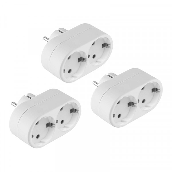 3-PACK Horizontale Stopcontact Splitter - 2-voudig - Verticale Stopcontacten - Randaarde - Wit