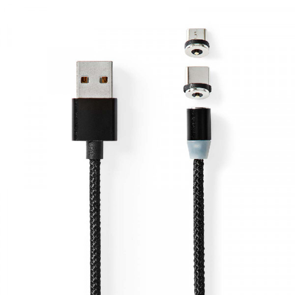 USB-A naar USB-C en USB Micro-B Oplaadkabel - Universeel en magnetisch - 2 meter - Zwart